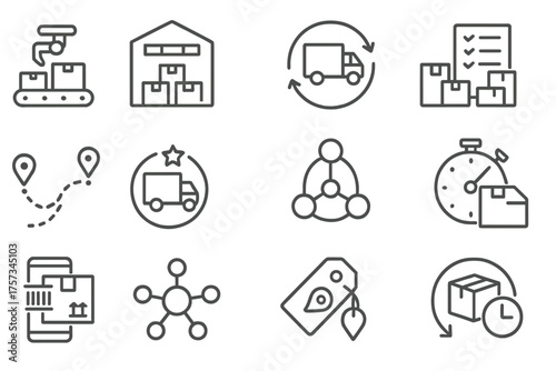 E-commerce Logistics Icons. Line style round icons of e-commerce logistics: packing station, fulfillment center, carrier selection