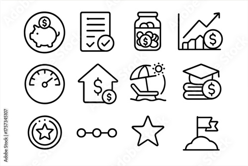 Financial Milestones Icons. Line style round icons of financial milestones: first savings, debt paid off, emergency fund full,