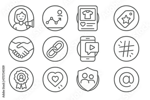 Influencer Marketing Icons. Line style round icons of influencer marketing: influencer icon, follower graph, sponsored post,