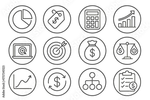 Marketing Budget Icons. Line style round icons of marketing budget and ROI: budget pie, ad spend tag, calculator icon, value bar;