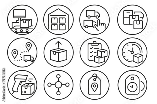 E-commerce Logistics Icons. Line style round icons of e-commerce logistics: packing station, fulfillment center, carrier selection