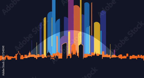 This flat design illustration offers an abstract, dynamic representation of colorful light beams illuminating the stylized Lyon cityscape during the Fête des Lumières. 