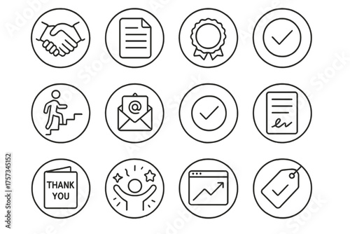 Deal Icons Roundup. Line style round icons of deal closing: handshake icon, contract file, “closed won” badge, payment icon;