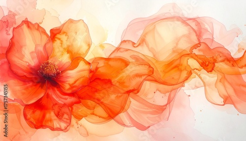 Watercolor abstract flower in flowing red and orange tones, delicate paint texture, artistic background for nature or feminine themes.