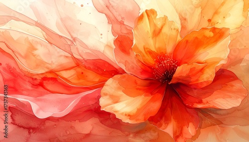 Watercolor abstract flower in flowing red and orange tones, delicate paint texture, artistic background for nature or feminine themes.