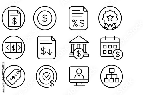 Payroll Icon Set. Line style round icons of payroll and compensation: payslip icon, dollar coin, compensation sheet, bonus badge;