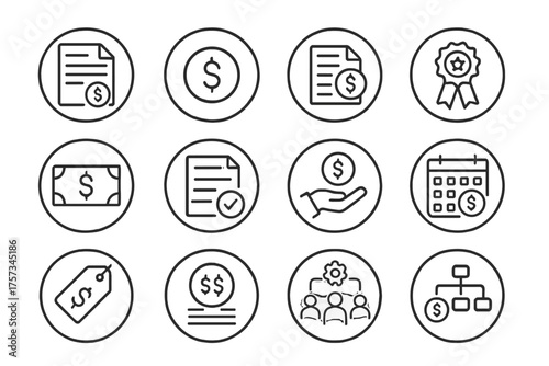 Payroll Icon Set. Line style round icons of payroll and compensation: payslip icon, dollar coin, compensation sheet, bonus badge;