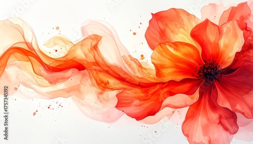 Watercolor abstract flower in flowing red and orange tones, delicate paint texture, artistic background for nature or feminine themes.