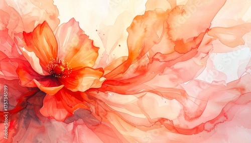 Watercolor abstract flower in flowing red and orange tones, delicate paint texture, artistic background for nature or feminine themes.