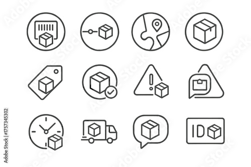 Parcel Tracking Icons. Line style round icons of parcel tracking systems: tracking number, update timeline, map location, delivery