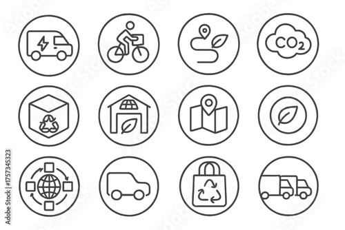 Eco-Friendly Logistics Icons. Line style round icons of eco-friendly logistics: electric van, bike delivery, green route, carbon
