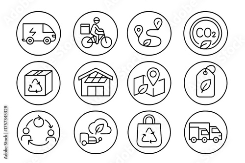Eco-Friendly Logistics Icons. Line style round icons of eco-friendly logistics: electric van, bike delivery, green route, carbon