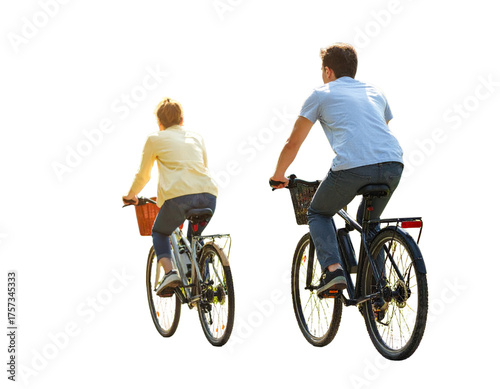 Back View of Man and Woman Riding Bicycles Together in Casual Outfit isolated on transparent background PNG