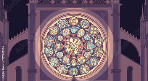 A close-up flat design illustration showcasing an exquisite rose window light projection adorning a Gothic church facade during Lyon's Fête des Lumières.