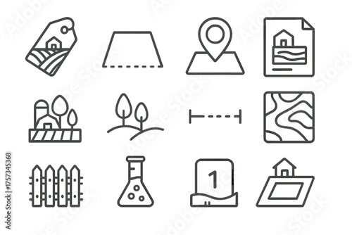 Land Plot Icons. Line style round icons of land and plots: farmland tag, empty lot, site marker, land deed; zoning category, rural