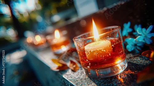 Burning candle beside delicate flowers glowing softly in evening sunlight