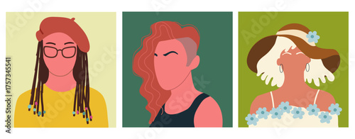 Abstract woman portraits set, avatars collection. Faceless female characters. Person posters, head avatars, hand drawn vector illustration.