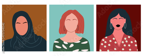 Abstract woman portraits set, avatars collection. Faceless female characters. Person posters, head avatars, hand drawn vector illustration.