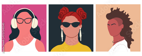 Abstract woman portraits set, avatars collection. Faceless female characters. Person posters, head avatars, hand drawn vector illustration.
