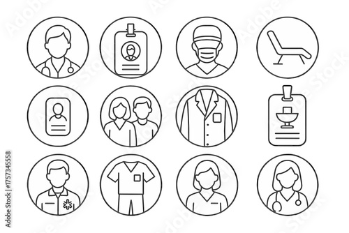 Healthcare Professionals Icons. Line style round icons of healthcare professionals: doctor icon, nurse badge, surgeon mask,