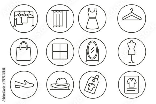 Fashion Retail Icons. Line style round icons of fashion retail: clothing rack, fitting room, dress icon, shirt hanger; shopping