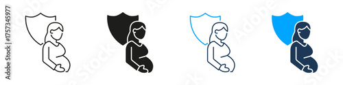 Pregnant Woman With Shield Line And Solid Icon Set. Maternity Protection And Prenatal Care Symbol Collection. Health And Safety For Expecting Mothers. Isolated Vector Illustration