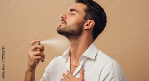 A man applies cologne to his neck with a spray bottle