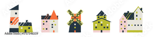 Scandinavian village street with tiny doodle houses windmill lighthouse and small home set.