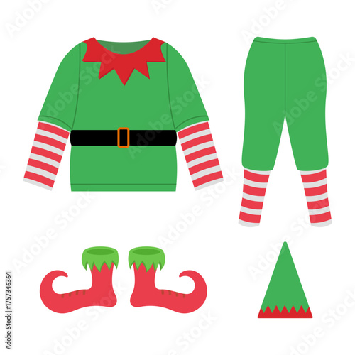 Christmas Elf Costume Set Vector Illustration. Perfect for Christmas design projects, holiday cards, invitations, festive decorations or seasonal ads.