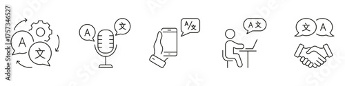 Language Translation And Communication Line Icon Set. Multilingual Interaction, Speech Translation And Communication Outline Symbol Collection. Editable Stroke. Isolated Vector Illustration