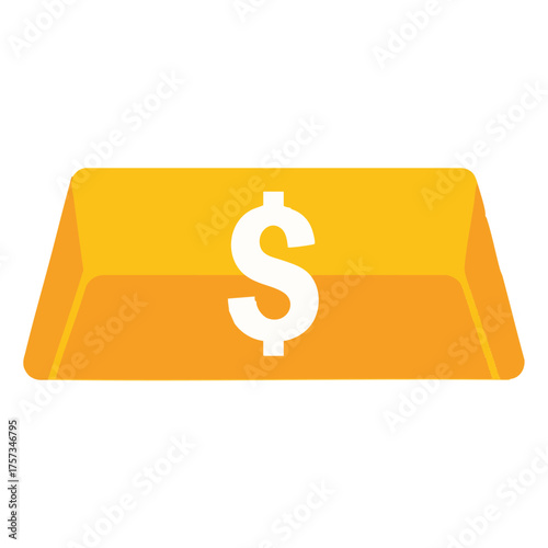 A golden bar illustration with a dollar sign represents wealth, finance, investment, and economic concepts in a simple, flat design style.