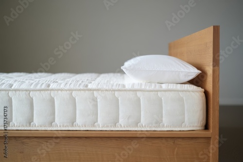 Cozy and Minimalistic Bedroom Setup Featuring a Fresh Mattress and Soft Pillow on a Wooden Bed Frame