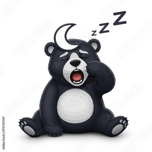 Sleeping bear yawning with moon and zzz symbols.