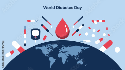 Vector art of world diabetes day concept with blood drop, glucometer, syringe, pills, and world map illustration