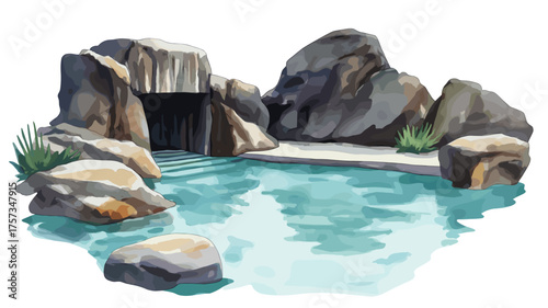 The Baths in Virgin Gorda. The Baths in Virgin Gorda hand drawn watercolor illustration