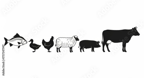 Silhouette Farm Animals ,Minimalist Vector Illustration Featuring Fish, Duck, Chicken, Sheep, Pig, and Cow in Clean Black and White Design