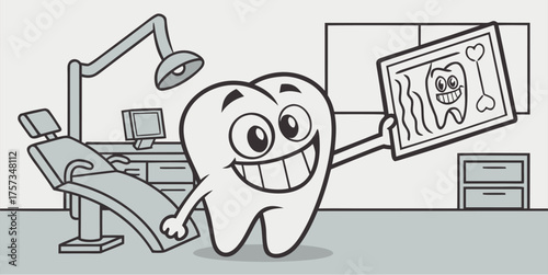 Cheerful cartoon tooth character showing X-ray in dentist office for dental health