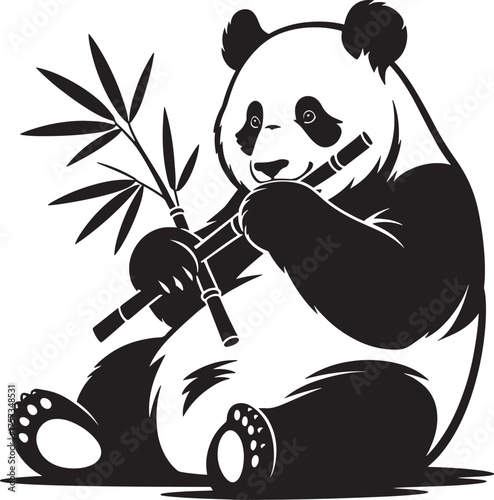 Black and white panda bear illustration eating bamboo shoots cute animal silhouette design isolated vector for print and web