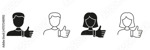 Male And Female Thumbs Up Line And Solid Icon Set. Positive Feedback, Approval, And Satisfaction Silhouette Symbol Collection. User Interaction And Engagement. Isolated Vector Illustration