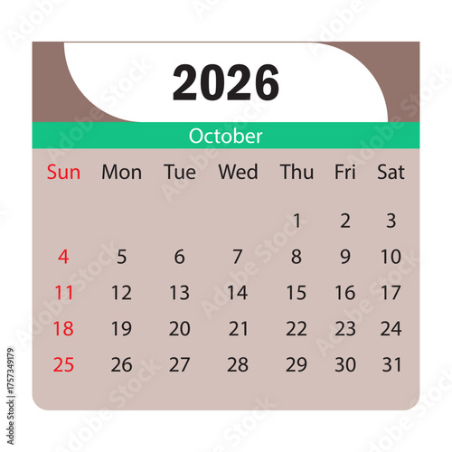 October 2026 calendar page simple design with days labeled clearly