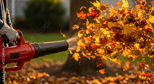 Leaf blower for cleaning up dry autumn leaves and debris in the garden or backyard, video of autumn work and maintenance
