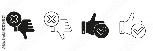 Thumbs Up And Down With Check And Cross Line And Solid Icon Set. Approval And Disapproval, Feedback Evaluation Symbol Collection. Decision Making And Opinion Icons. Isolated Vector Illustration