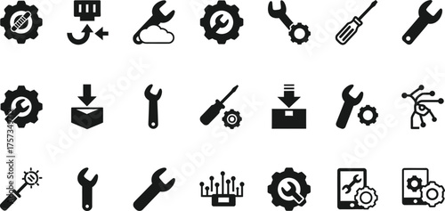 Collection of black and white icons representing tools gears and technical support services isolated on transparent background