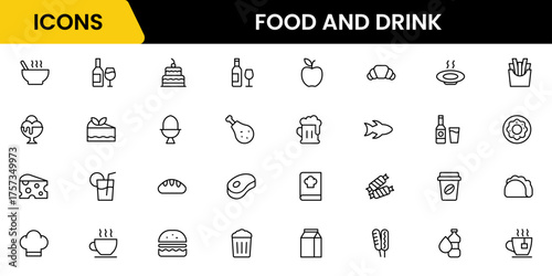 Food and Diet, Healthy Food, and Detox Diet Vector Icons. Contains such Icons as Metabolism, Caunt Calories, Palm oil free, Zero trans fat, Probiotics, and more. Simple Outline icons collection.