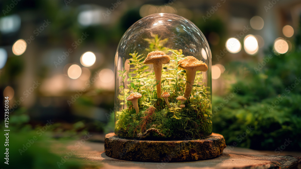 Fototapeta premium Mushroom and fern ecosystem inside glass dome on table.