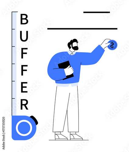 Man holding clipboard places currency coin near buffer gauge symbolizing resource management. Ideal for finance, growth, personal savings, business, planning, goals, strategy. Simple flat metaphor