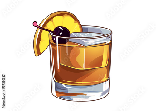 Illustration of an Old Fashioned cocktail with an orange slice and cherry garnish against white background. Cocktail concept