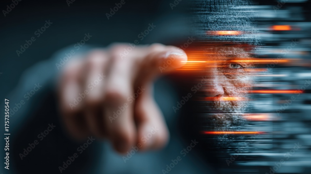 Fototapeta premium A mysterious figure points forward, with a blurred effect creating a sense of motion and intrigue, highlighting themes of technology and perception.