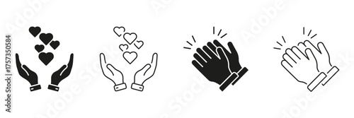 Hands With Hearts And Clapping Hands Line And Solid Icon Set. Love, Appreciation, And Applause Symbol Collection. Expressing Gratitude And Support. Isolated Vector Illustration