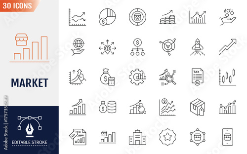Market Line Editable Icons set. Include icons: company, budget, sales, and more. Vector illustration